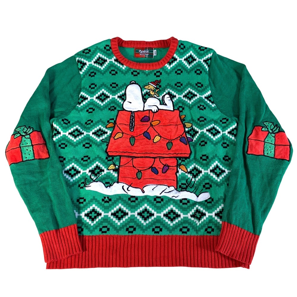 Peanuts Snoopy Woodstock Christmas Sweater With Lights Mens Medium 20.5W x 25.5L